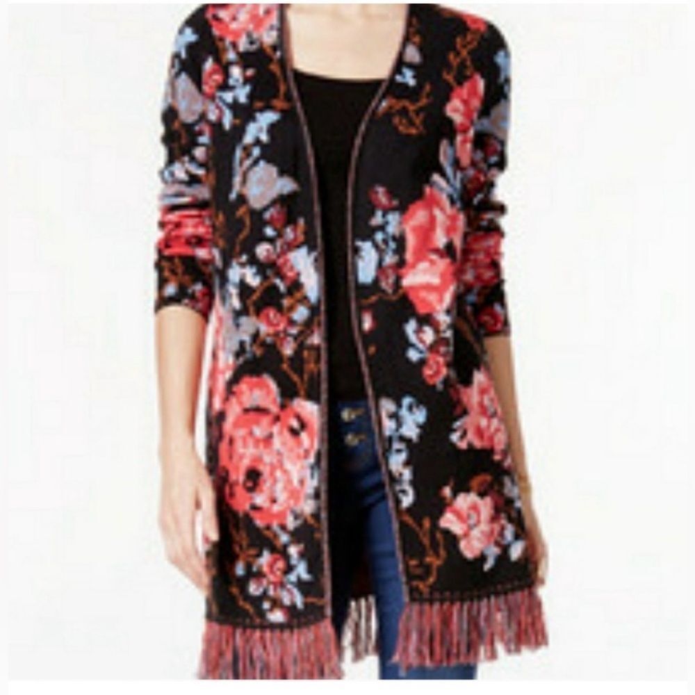 INC International Concepts Floral Embroidered Duster Cardigan W/Fringe M